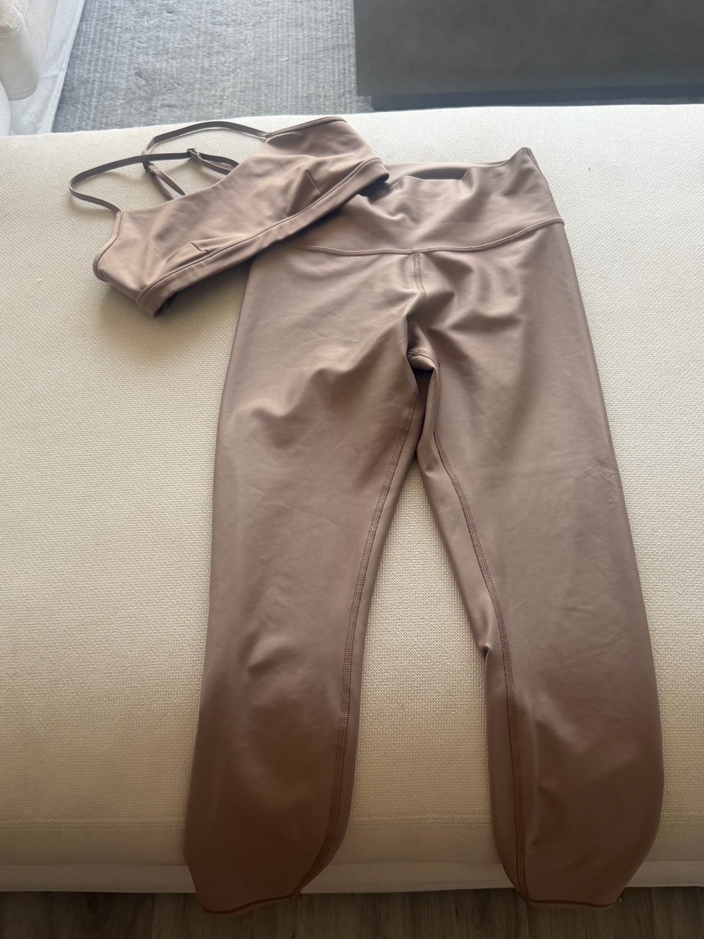 ALO Yoga Taupe High-Waist Leggings with Matching Strappy Bra